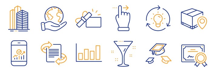 Set of Business icons, such as Smartphone statistics, Touchscreen gesture. Certificate, save planet. Marketing, Throw hats, Report diagram. Cocktail, Skyscraper buildings, Idea. Vector