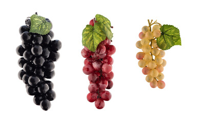 Three branches of different grapes on a white background.
