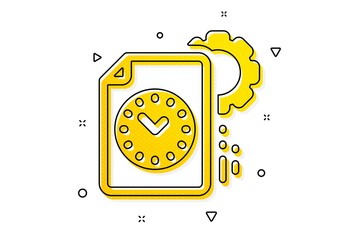 Time management sign. Project deadline icon. File with gear symbol. Yellow circles pattern. Classic project deadline icon. Geometric elements. Vector