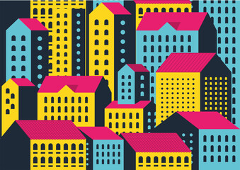 Yellow blue and pink city buildings landscape background design, Abstract geometric architecture and urban theme Vector illustration