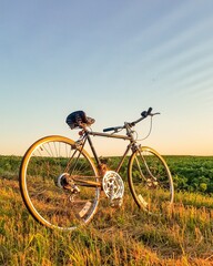 Fototapeta na wymiar Bicycle Parked On Field Against Clear Sky