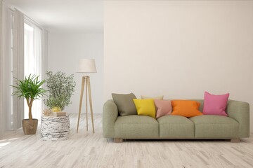 White living room with sofa. Scandinavian interior design. 3D illustration