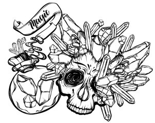 Vector illustration. bottles of potion, skull with crystals, mysticism, tattoos. Handmade, prints on T-shirts, background white