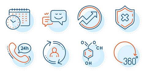 Reject protection, Chemical formula and Happy emotion signs. 24h service, Calendar time and 360 degrees line icons set. User info, Audit symbols. Call support, Clock. Technology set. Vector