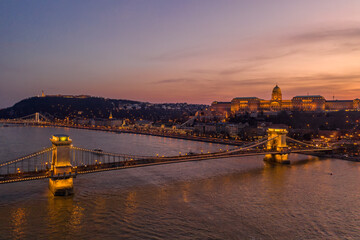 Aerial drone shot of Buda castle on Buda Hill during Budapest sunset