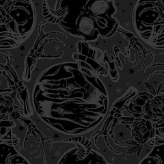 Vector illustration. bottles of potion,skull with horns,hands with eyes, bones, mysticism. Handmade, prints on T-shirts,seamless pattern,gray background, black color