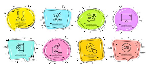 New, Serum oil and Full rotation signs. Speech bubbles with quotes. Loyalty star, Medical phone and Seo devices line icons set. Computer, Cooking cutlery symbols. Bonus reward, Mobile medicine. Vector