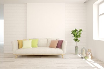 White living room with sofa. Scandinavian interior design. 3D illustration
