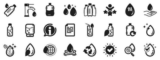 Set of Bottle, Antibacterial filter and Tap water icons. Water drop icons. Bacteria, Cooler and Refill barrel bottle. Liquid drop, antibacterial cleaner and drink machine, tap. Vector