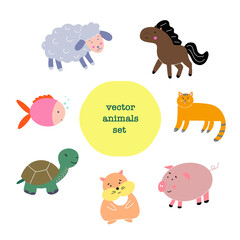 Lovely pets. Sheep, horse, fish, cat, turtle, hamster, pig. Vector set