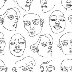 Wall murals One line Seamless pattern with human faces. One line drawing.