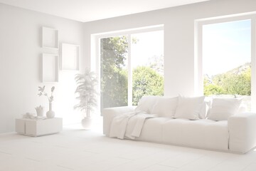 White living room with sofa and summer landscape in window. Scandinavian interior design. 3D illustration