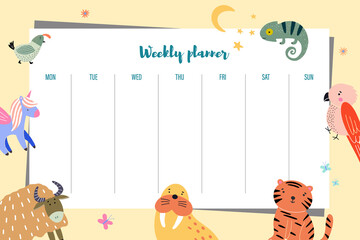 Children's affairs planner with cute animals on a yellow light background. Vector illustration