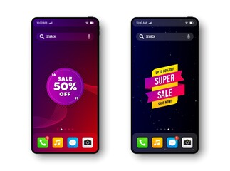 Super sale, 50% discounts off. Smartphone screen banner. Discount offer badge. Mobile phone screen interface. Smartphone display promotion template. Online application banner. Vector