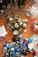 Waste sorting at home. Separate collection of household garbage. Preparation of waste for recycling: glass, plastic bags, metal, plastic, cardboard, aluminum. Waste management concept.