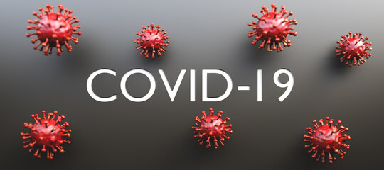 Red coronavirus model with text on black background. 3D Rendering