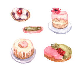 Watercolor set clipart cakes, eclair, cheesecake for cake shop and bakery, confectionery. for books, article, advertising illustration., logo, label. Kitchenwear