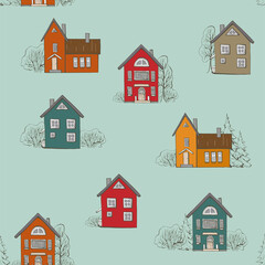 Hand drawn colorful scandinavia house pattern on blue background for fabric design. Beautiful cute vector pattern. Northern cityscape texture with, cottage and trees.