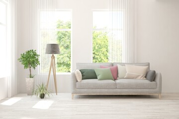 White living room with sofa and summer landscape in window. Scandinavian interior design. 3D illustration
