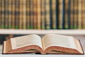 reading and education concept. open old book in front of labrary