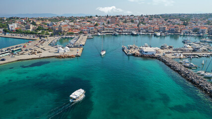 Fototapeta na wymiar Aerial drone panoramic photo of picturesque port and main town of Aigina island, Saronic gulf, Greece