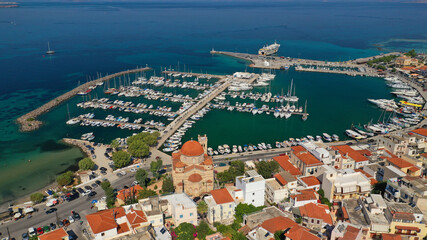 Aerial drone panoramic photo of picturesque port and main town of Aigina island, Saronic gulf, Greece