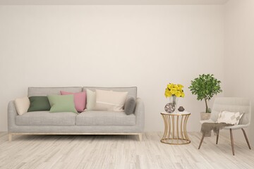 White living room with sofa. Scandinavian interior design. 3D illustration