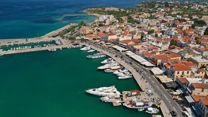 Fototapeta na wymiar Aerial drone panoramic photo of picturesque port and main town of Aigina island, Saronic gulf, Greece