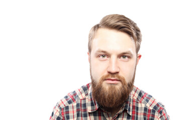 Fototapeta premium Hipster bearded man in red shirt isolated on white background