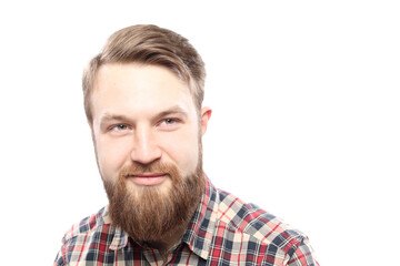 Obraz premium Hipster bearded man in red shirt isolated on white background