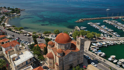 Aerial drone panoramic photo of picturesque port and main town of Aigina island, Saronic gulf,...