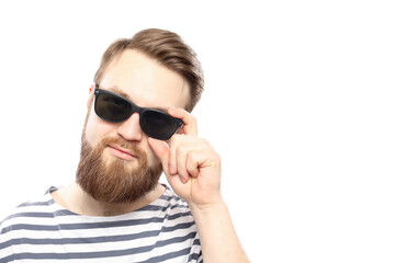 bearBearded adult man in black sunglasses posing isolated on white background 