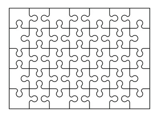 Set of thirty five jigsaw puzzle pieces. Puzzle with different types of details and the ability to move each part. Black and white vector illustration