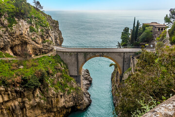 Fototapeta na wymiar Looking down on the arched bridge at Fiordo di Furore on the Amalfi Coast, Italy