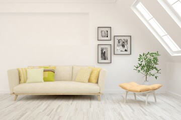 White living room with sofa. Scandinavian interior design. 3D illustration