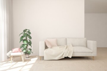 White living room with sofa. Scandinavian interior design. 3D illustration