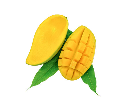 Fresh Mango Sweet Fruit On Green Leaves Slice Half And Decorative Prepare For Serve. Golden Yellow Food Isolated On White Background With Clipping Path.