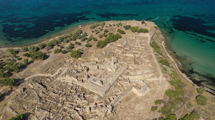 Aerial drone photo of archaeological site of Temple of Apollo and ancient port next to main port of...