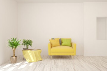 Fototapeta premium White living room with armchair. Scandinavian interior design. 3D illustration
