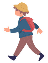Kid wearing hat and rucksack walking, traveling child