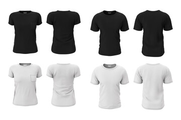 Women's simple t-shirt for women and men. Template, mock up, black and white color. Front view, back view. 3d realistic illustration isolated on white background.