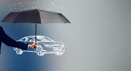 man hand umbrella and  car