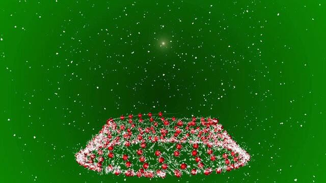  Red globe Christmas tree on green background snow falling