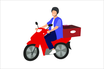 delivery service design courier boy with a smile riding a red scooter in helmet flat vector illustration isolated on white background.