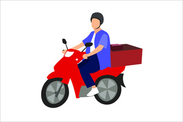 Delivery Boy riding red scooter motorcycle vector flat illustration isolated on white background