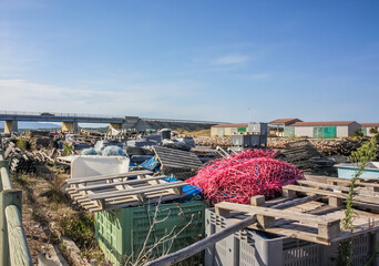 Fishing equipment for mussels, scallops, oysters and other shellfish. Fishing net, ropes and boxes...