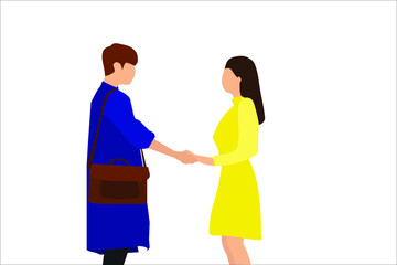 Fototapeta premium First meeting greeting students man and woman with handshake. Flat style character vector illustration isolated on white background
