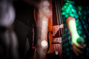 Double-bass fragment in jazz concert stage in background