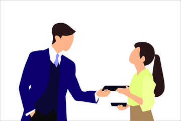 Fototapeta premium Business people working in office character flat isolated vector design. Employees giving support and help each other, business team working together. Corporate relations and cooperation concept.