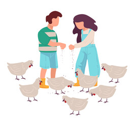 Children feeding chicken on farm, boy and girl